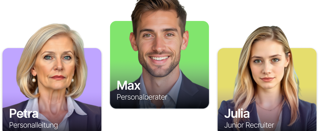 Die drei KI-Jobtrainer von Jobklar: Petra, Max und Julia